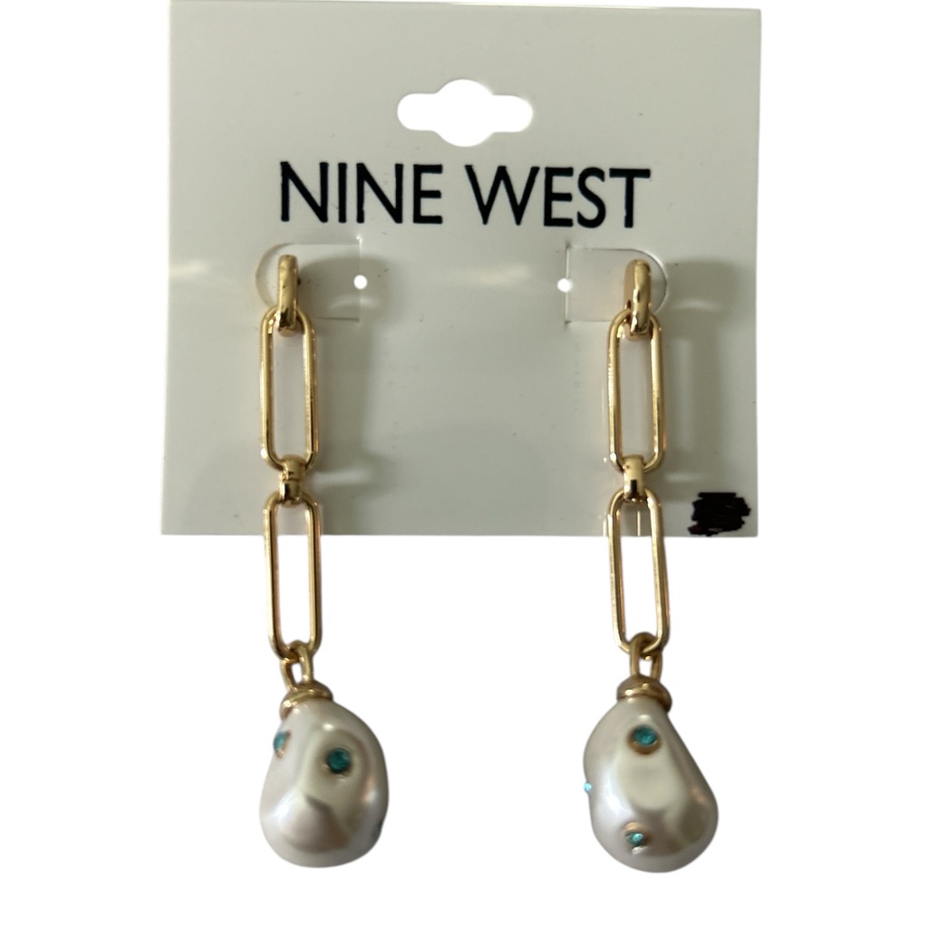 Nine West Gold Tone Paper Clip White Bead With Blue Stones Dangle Earrings 25$